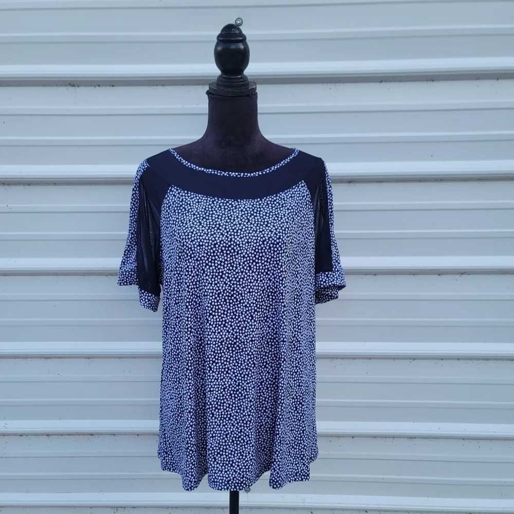 NWOT ATELIER 29 Womens Navy Blue Stars Blouse Knit Top Plus Size Stretch 1X